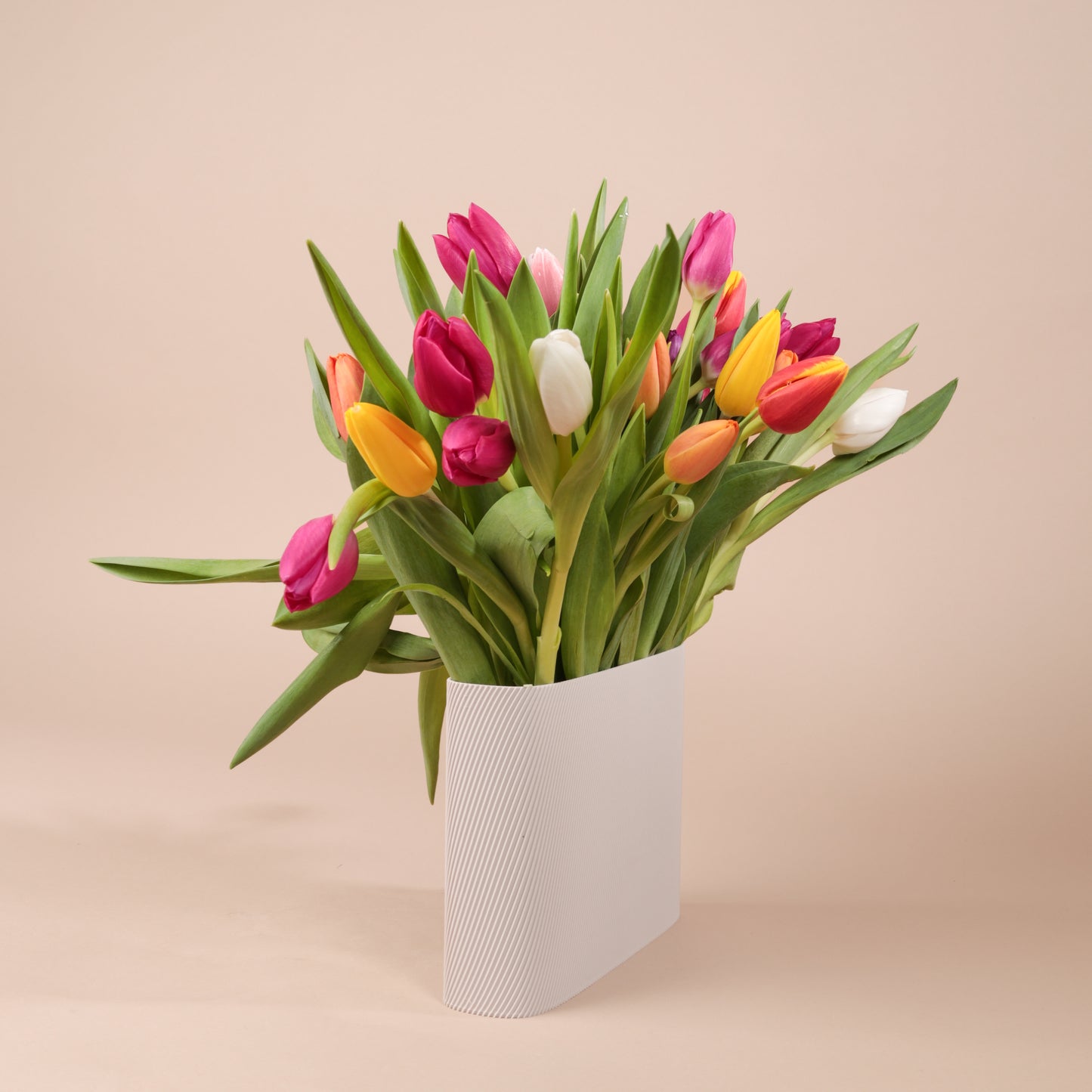 Bouquet de tulipes multicolores fraîches avec vase Tuli en bioplastique PLA fabriqué en Suisse