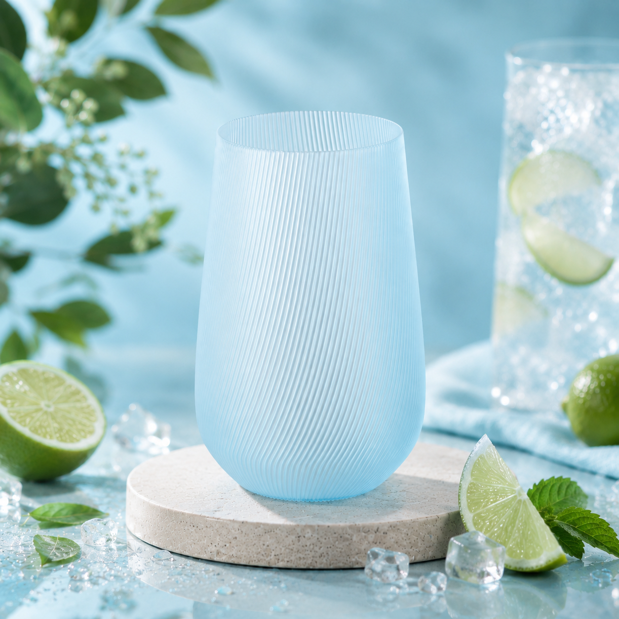 Vase Fjord Glow Lagoon en bioplastique PLA bleu translucide avec texture rainurée