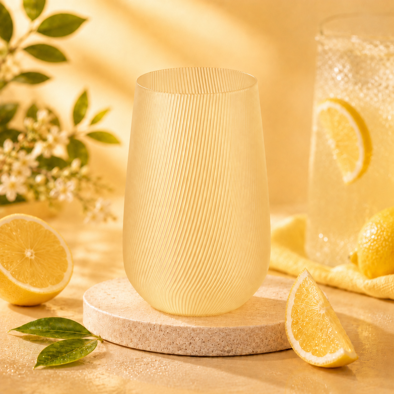 Vase Fjord Glow Lemonade en bioplastique PLA jaune translucide avec rainures fines