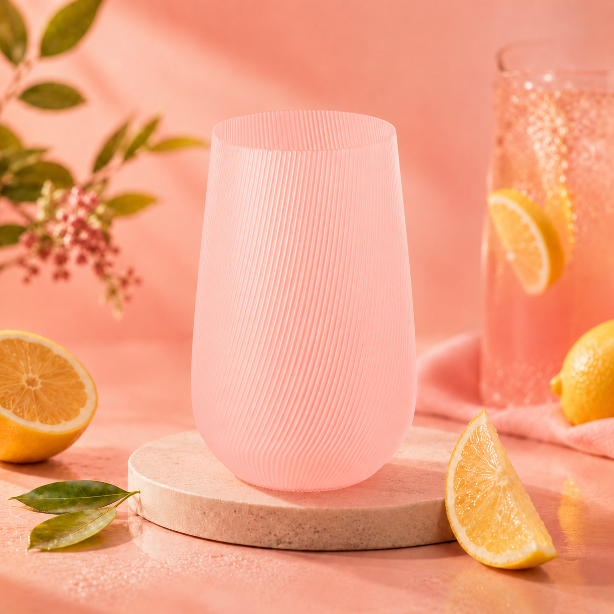 Vase Fjord Glow Sorbet en bioplastique PLA rose translucide avec texture rainurée